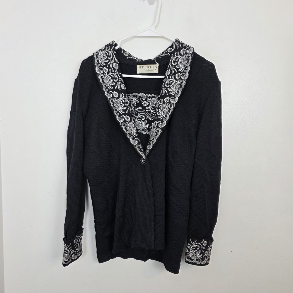 St. John Evening Black White Sequin Floral Embroidered Elegant Blazer Size XL
